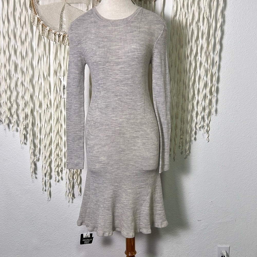 Thakoon Gray Merino Wool Long Sleeve Ruffle Hem Sweater Dress NWT M